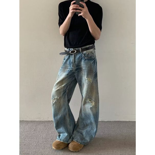 Men's Trendy Loose Straight Leg Jeans High Street Style Vibe American Retro Washed Distressed Curved Trousers_mkmklike.com