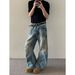 Men's Trendy Loose Straight Leg Jeans High Street Style Vibe American Retro Washed Distressed Curved Trousers_mkmklike.com