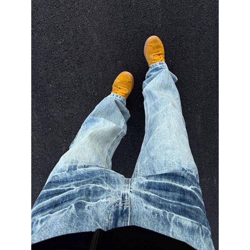 "Lightning Crack Blue Jeans For Men – Cleanfit Straight Leg Denim Pants With Subtle Flare & Vintage Wash"_mkmklike.com