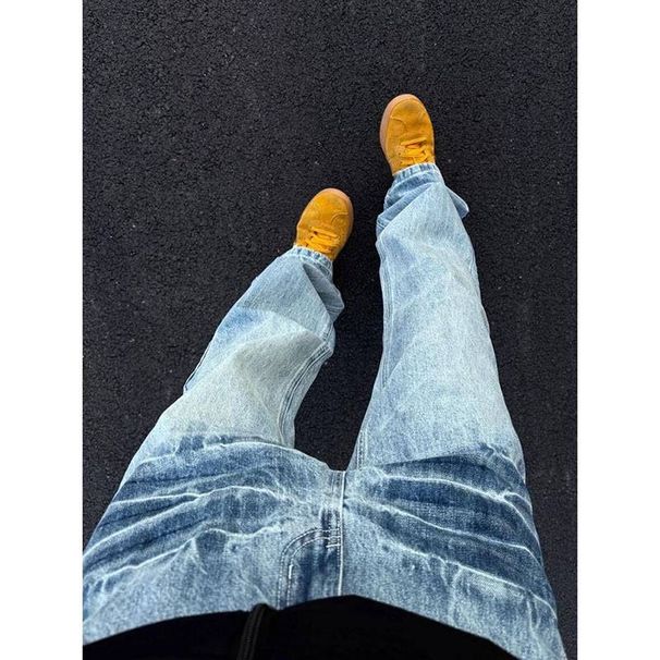 "Lightning Crack Blue Jeans For Men – Cleanfit Straight Leg Denim Pants With Subtle Flare & Vintage Wash"_mkmklike.com