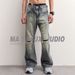 Men's Distressed Rhinestone Jeans – Relaxed Straight-Leg Vintage Denim Pants With Flared Hem For Retro Streetwear_mkmklike.com