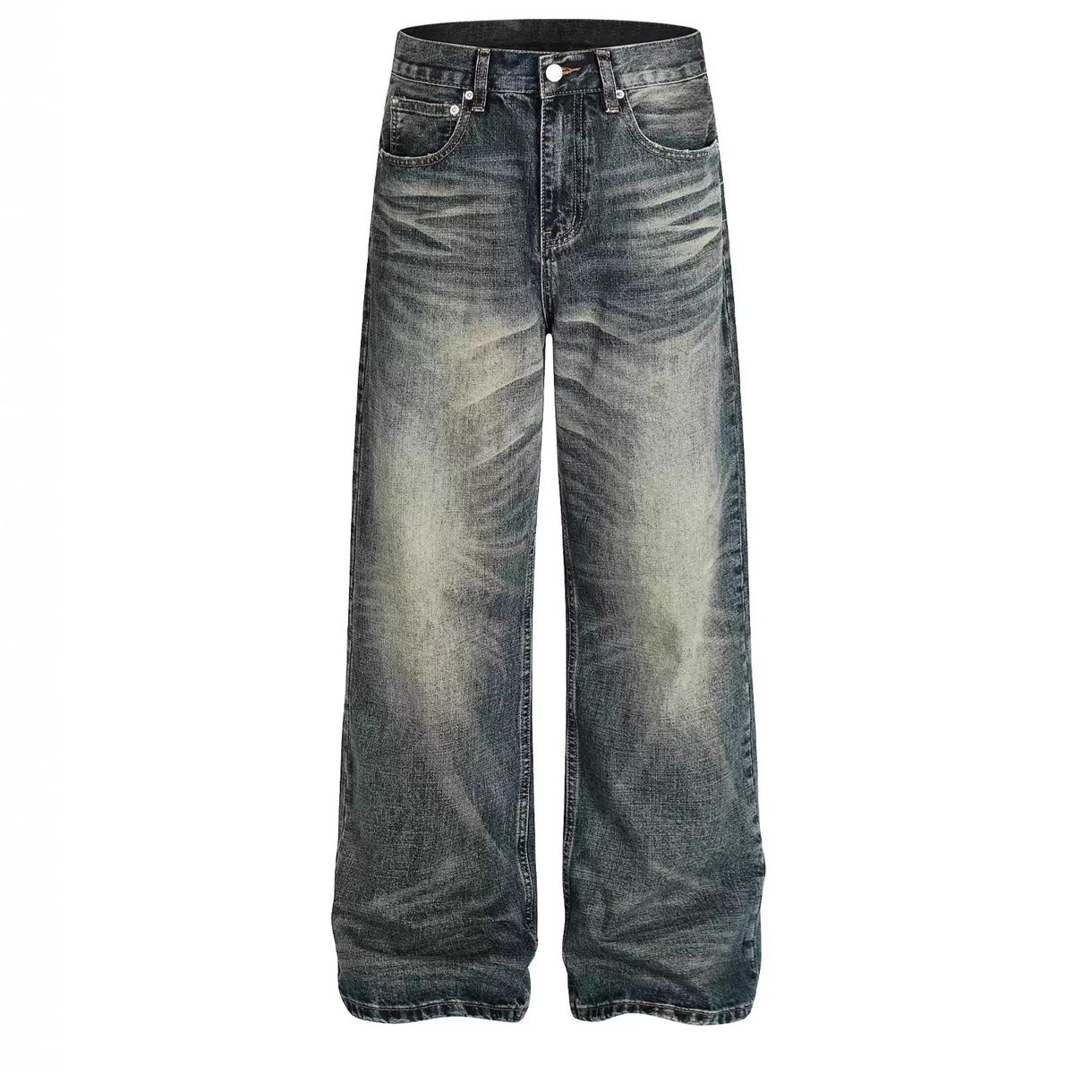 Unisex Deep Sea Blue A-Line Loose Straight Leg Jeans 14 Oz Versatile Casual Commuter Trousers Whiskers And Honeycomb Design_mkmklike.com