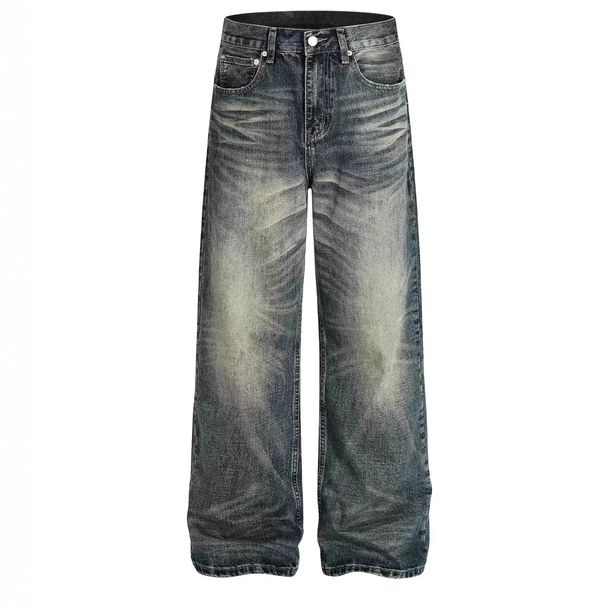Unisex Deep Sea Blue A-Line Loose Straight Leg Jeans 14 Oz Versatile Casual Commuter Trousers Whiskers And Honeycomb Design_mkmklike.com
