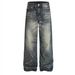 Unisex Deep Sea Blue A-Line Loose Straight Leg Jeans 14 Oz Versatile Casual Commuter Trousers Whiskers And Honeycomb Design_mkmklike.com