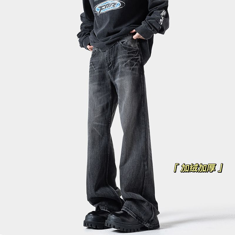 Lightning-pattern Flared Jeans For Men, Fleece-lined, Trendy New Style, Washed Vintage, Loose Straight Cut, Slimming,_mkmklike.com