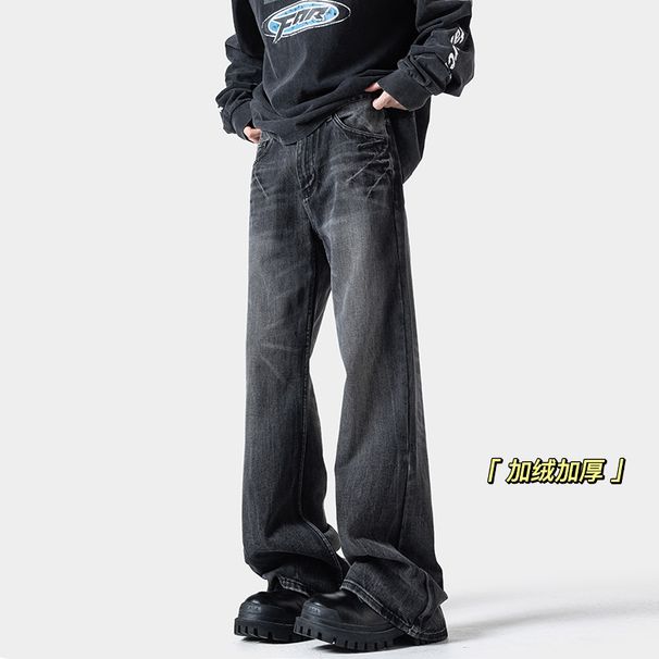 Lightning-pattern Flared Jeans For Men, Fleece-lined, Trendy New Style, Washed Vintage, Loose Straight Cut, Slimming,_mkmklike.com