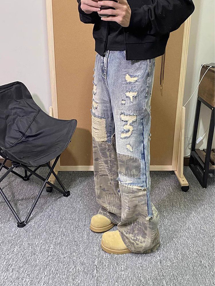 Men's Clothing Retro Two Piece Pants Design Advanced Camouflage Patchwork Jeans Cleanfit Straight Pants_mkmklike.com
