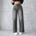 Washed Distressed Denim Straight Pants Vintage Women Jean Pockets High Waist Loose Fit Ankle Length Wide Leg Pants Basics_mkmklike.com