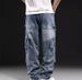 Streetwear Patchwork Cargo Jeans For Men | Vintage Washed Denim Pants | Oversized Relaxed Fit With Multi-Pocket Design_mkmklike.com