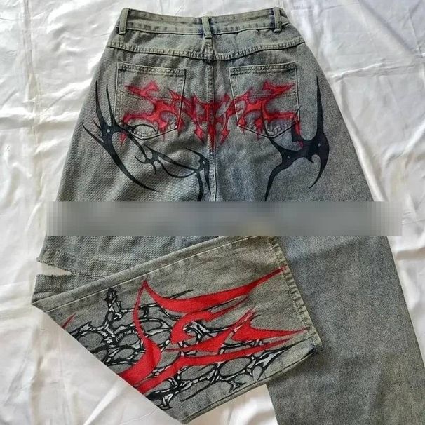 Men Women Retro Trendy Versatile Printed Jeans American Style Long Pants Autumn Fashion Street Style_mkmklike.com