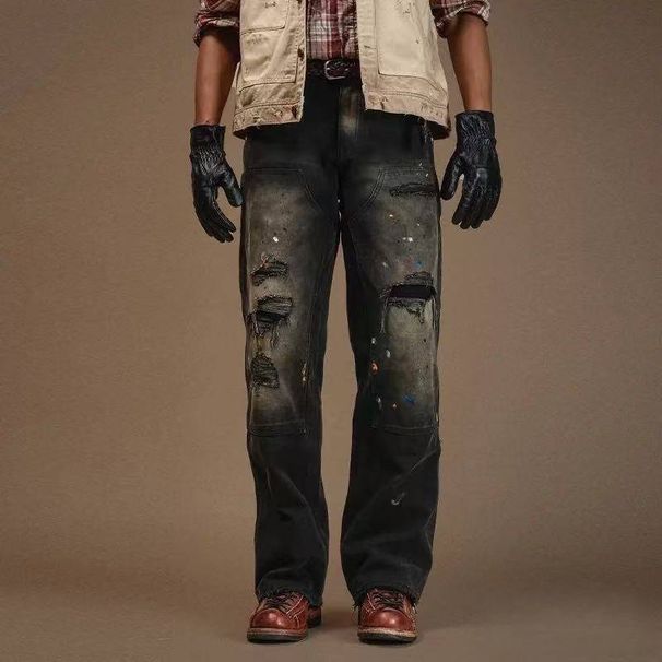 Men's High Street Style Casual Denim Jeans Distressed Graffiti Print Loose Fitting Straight Leg Ripped_mkmklike.com