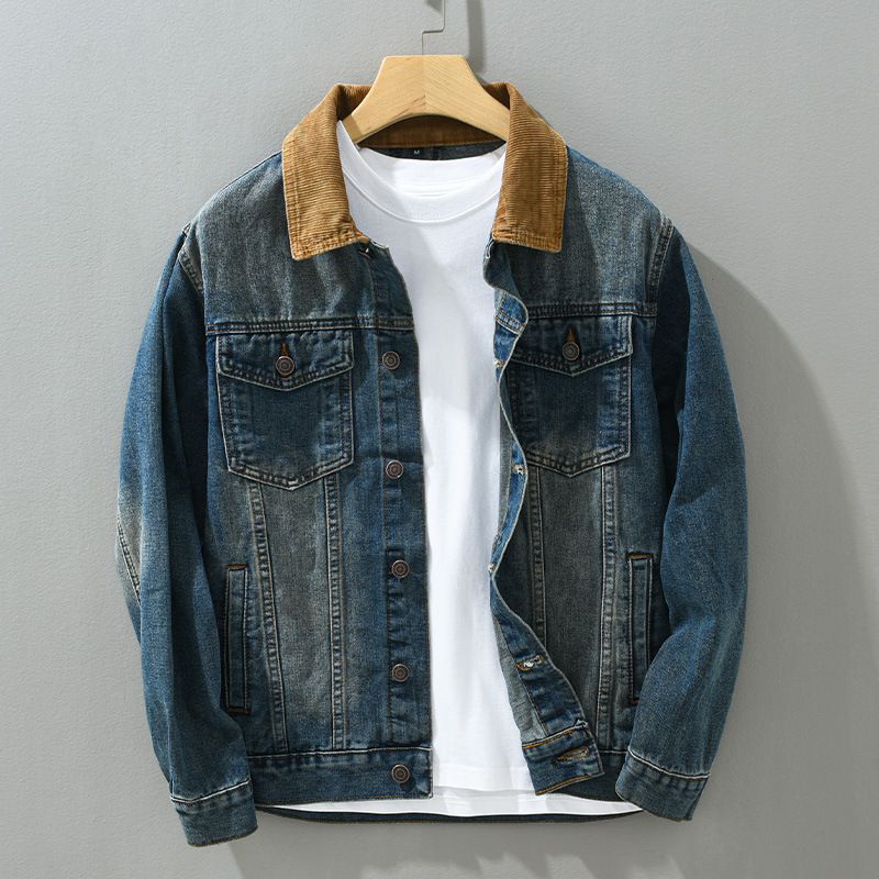 Men's Casual Denim Jacket With Color Block Design - Loose Fit Workwear Style Coat For Spring & Autumn_mkmklike.com