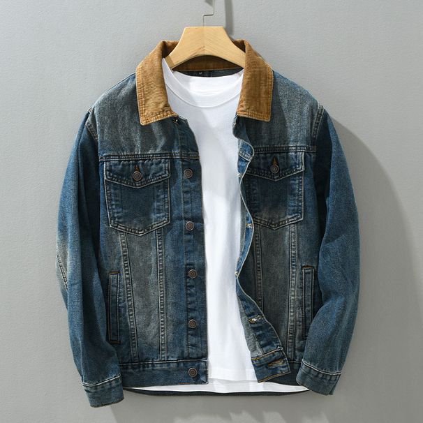 Men's Casual Denim Jacket With Color Block Design - Loose Fit Workwear Style Coat For Spring & Autumn_mkmklike.com