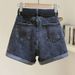 Women's Black Gray Denim Shorts Summer Thin Ins Korean Style Slimming Casual Rolled Hem A-Line Wide Leg Hot Pants_mkmklike.com