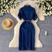 Women's Clothing High End Polo Collar Denim Dress Summer Split Belt Design Niche Temperament Long Skirt_mkmklike.com