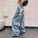 Plus Size Vintage Distressed Jeans For Women – Oversized Wide-Leg Denim Pants With Retro Letter Print (Fall Collection)_mkmklike.com