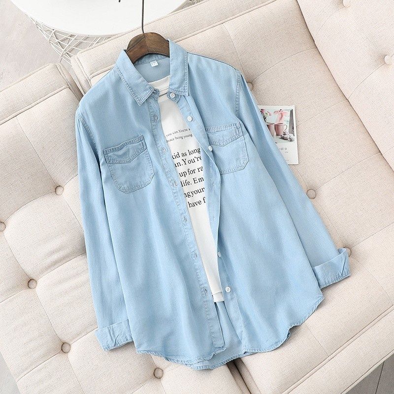Chicco 2024 Early Autumn New Retro Long Sleeve Tencel Cotton Denim Jacket Women's Unique Design Shirt_mkmklike.com