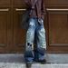Unisex Loose Wide Leg Straight Leg Camouflage Jeans Ripped Patch American Retro Vibe Floor Length Pants_mkmklike.com