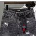 Men's Distressed Denim Shorts With Embroidery - Summer Casual Streetwear Stretch Mid-Length Shorts For Men_mkmklike.com