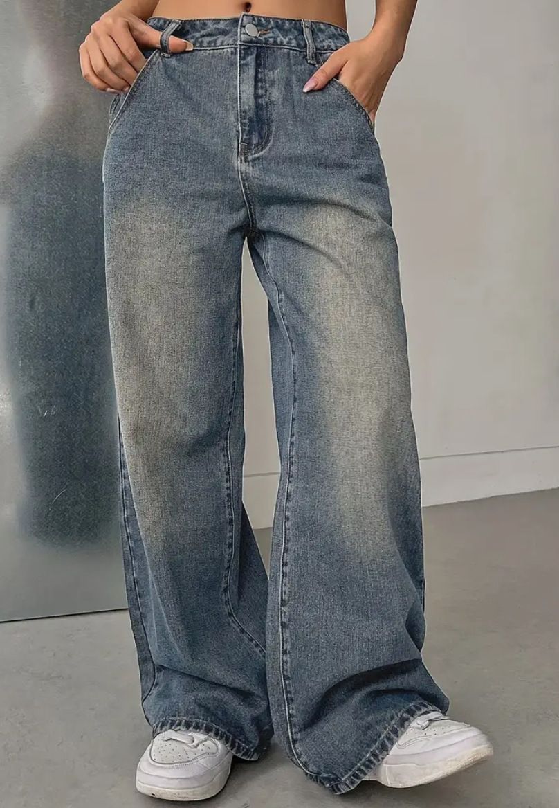 Vintage Washed Straight Leg Jeans – Distressed Blue, Relaxed Fit (S-XXL)_mkmklike.com