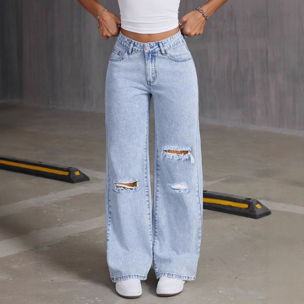 Light Blue Washed Wide Leg Jeans Loose Fit Solid Color Trousers for Women European And American Style 2026 New_mkmklike.com