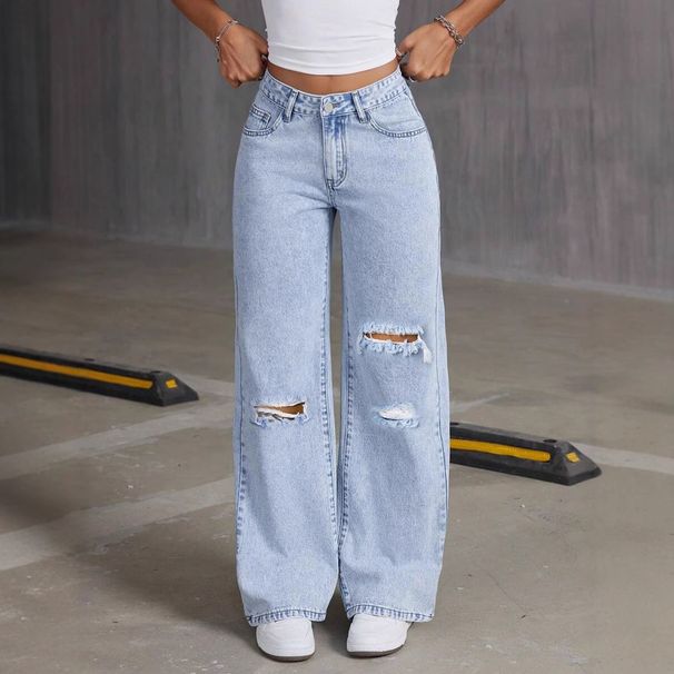 Light Blue Washed Wide Leg Jeans Loose Fit Solid Color Trousers for Women European And American Style 2026 New_mkmklike.com