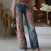 Vintage Pink Rose Embroidery Art Print Flare Jeans For Women - High Waisted Stretch Denim Pants With Floral Design_mkmklike.com