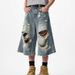 Men's Clothing Retro Niche High Street Ripped Denim Cropped Trousers For Men And Women Loose Casual Drape_mkmklike.com
