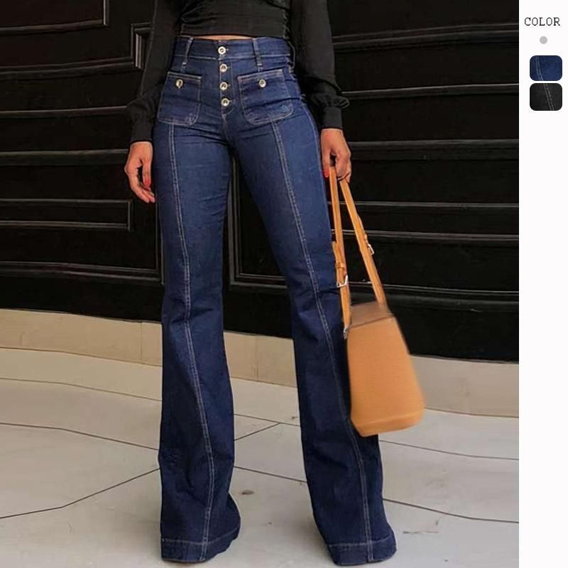 Women's Clothing Retro High Waist Stitching Washed Denim Elastic Slim Flared Pants_mkmklike.com