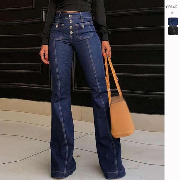 Women's Clothing Retro High Waist Stitching Washed Denim Elastic Slim Flared Pants_mkmklike.com