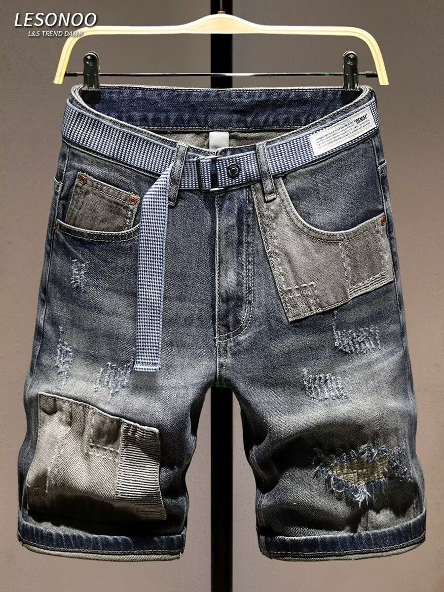 Men's Trendy Patchwork Denim Shorts Color Block Ripped Five Point mid Length Slim Fit Summer Style One-Piece Clothing_mkmklike.com