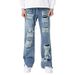 "Vintage Distressed Ripped Jeans Men's High Street Baggy Flare Pants With Embroidery – 90s Grunge Style, Oversized Fit, Retro Washed Denim_mkmklike.com