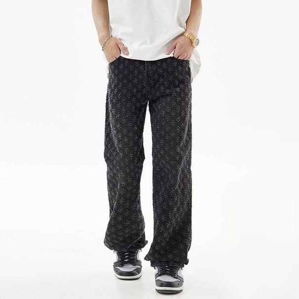 Men's Distressed Washed Denim Jeans With Patchwork Details, A-Line Wide Leg & Straight Fit For A Stylish Casual Look_mkmklike.com