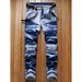 Men's Clothing Leg Slim Fit Jeans Men's Slim Fit Straight Leg Blue Distressed Denim Jeans With Patch Detail, Washed Casual Trousers For Everyday Wear_mkmklike.com