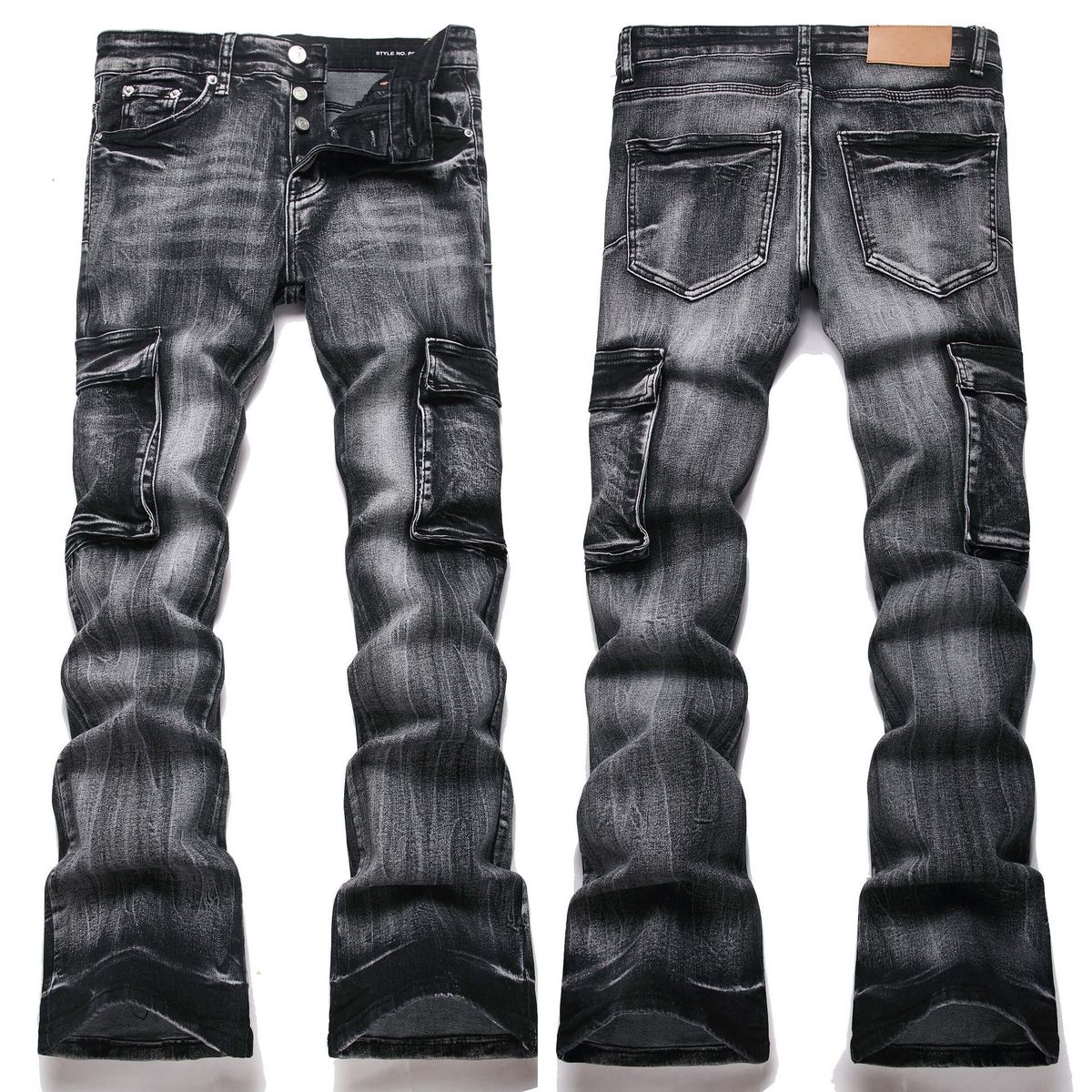 Black High Street Slim Fit Men's Jeans Multi Pocket Stretch Flared Trendy Youth_mkmklike.com