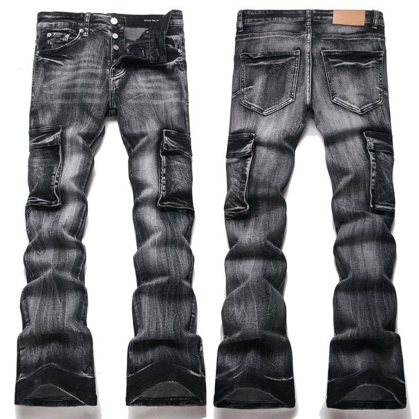 Black High Street Slim Fit Men's Jeans Multi Pocket Stretch Flared Trendy Youth_mkmklike.com