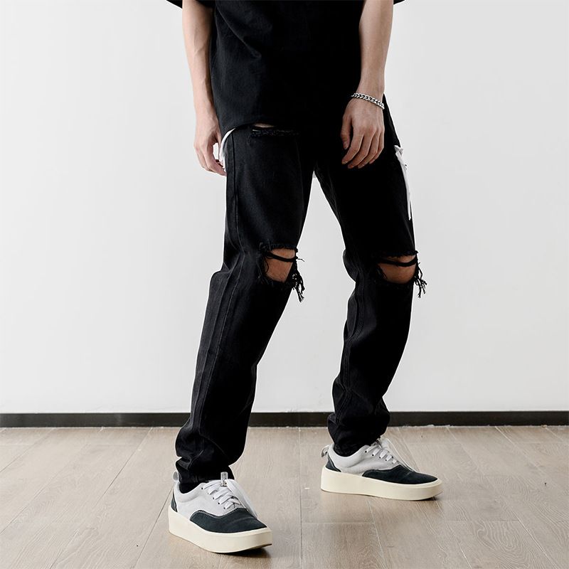 Men's Black High Street Distressed Skinny Straight Jeans Retro Hip Hop Ripped Denim Pants Washed_mkmklike.com