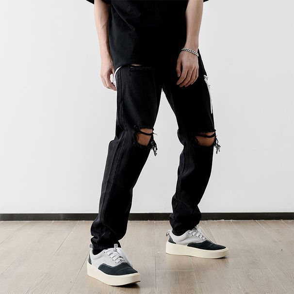 Men's Black High Street Distressed Skinny Straight Jeans Retro Hip Hop Ripped Denim Pants Washed_mkmklike.com