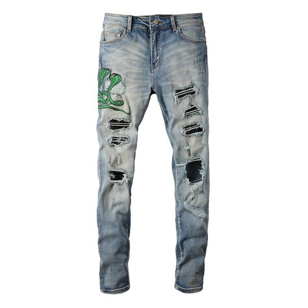 Men's Clothing European And American Trendy Brand Ripped Jeans Men's Embroidered Snake Pattern Snakeskin Patch Stretch Slim Men's Trousers 6561_mkmklike.com