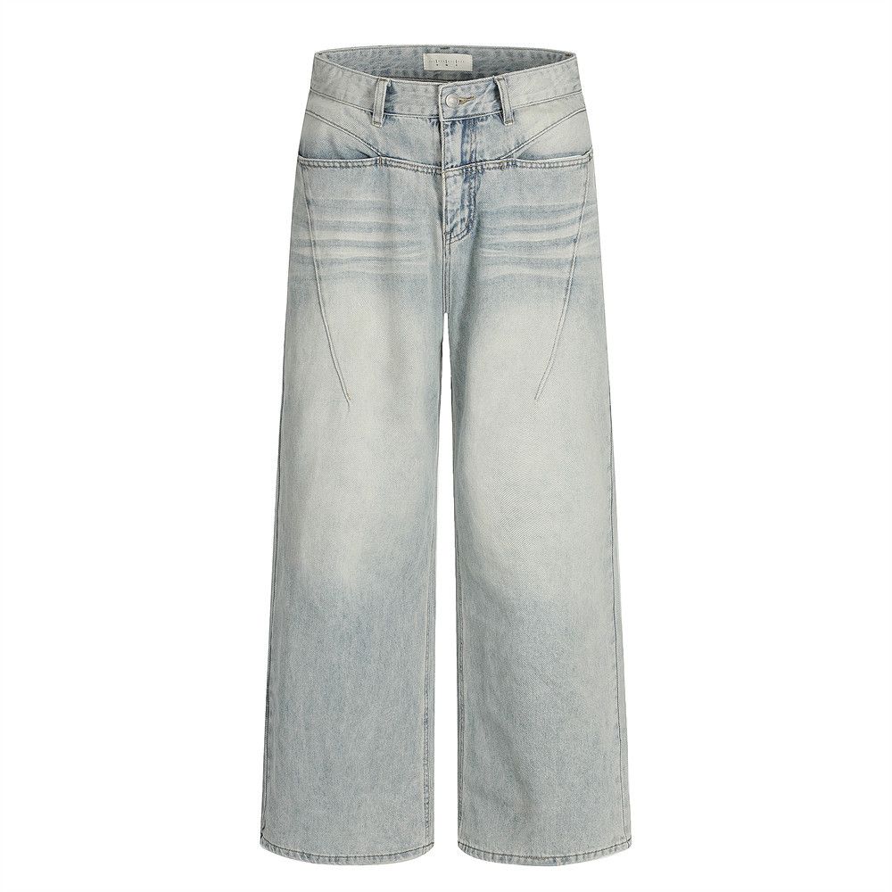 Street Style Wahed Vintage Denim Men' Three-Dimenional Decontructed Pocket Deign Peronality Straight Wide-Leg_mkmklike.com