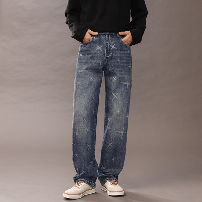 Men's Clothing Trendy Washed Printed Straight Jeans For Men Slightly Loose And Comfortable American Style Autumn And Winter Long Pants For Men_mkmklike.com