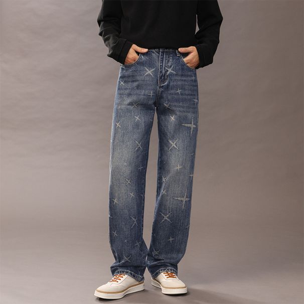 Men's Clothing Trendy Washed Printed Straight Jeans For Men Slightly Loose And Comfortable American Style Autumn And Winter Long Pants For Men_mkmklike.com