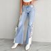 MH2026 Women's Low Rise Flared Jeans Lace Trimmed Light Blue Washed Hollowed out European American Style Denim_mkmklike.com