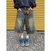 Men's Clothing Retro Washed Denim Shorts Straight Wide Leg Distressed Loose Casual Versatile Cropped Pants_mkmklike.com