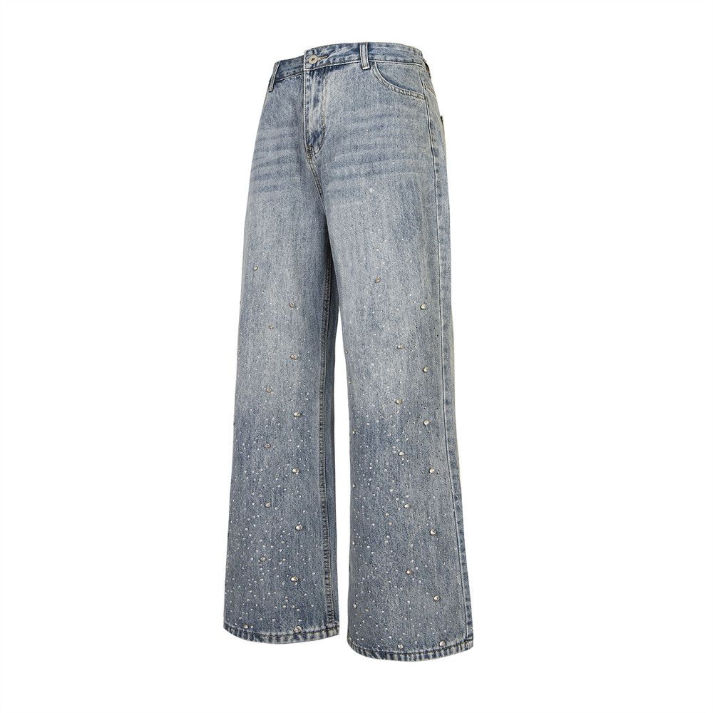 Design Sense Full Loose Jeans For Men, Vibe Trendy Brand, Niche Personality, Hot Rhinestone Straight Wide-Leg Pants_mkmklike.com