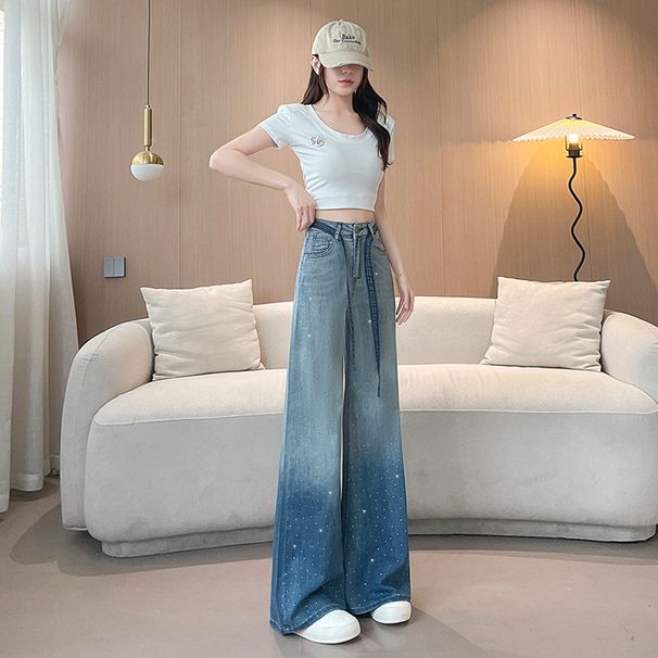 Women's Gradient Rhinestone Straight Leg Jeans High Waist Slimming Wide Leg Floor Length Drawstring Pants Summer 2025 Thin Style_mkmklike.com