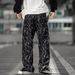 Men's Clothing Men's Trendy Loose Fitting Lightning Patterned Dirty Jeans Straight Leg Wide Leg Pants American High Street Jacquard Jeans_mkmklike.com