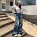 Distressed Washed American Vintage Jeans - High Waist Wide Leg Straight Flare Pants For Women_mkmklike.com