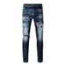 Men's Clothing Washed Old Cat Whisker Patch Hole Elastic Slim Fit Skinny Pants Ink Splash Jeans_mkmklike.com
