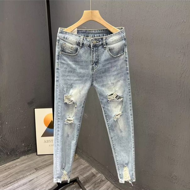 Men's Distressed Slim Fit Jeans - Stretch Skinny Ripped Denim Pants, Cropped Ankle-Length Casual Streetwear_mkmklike.com
